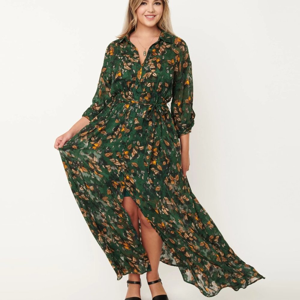 Unique Vintage Emerald & Gold Leaf Print Blanche Maxi Shirtdress XL